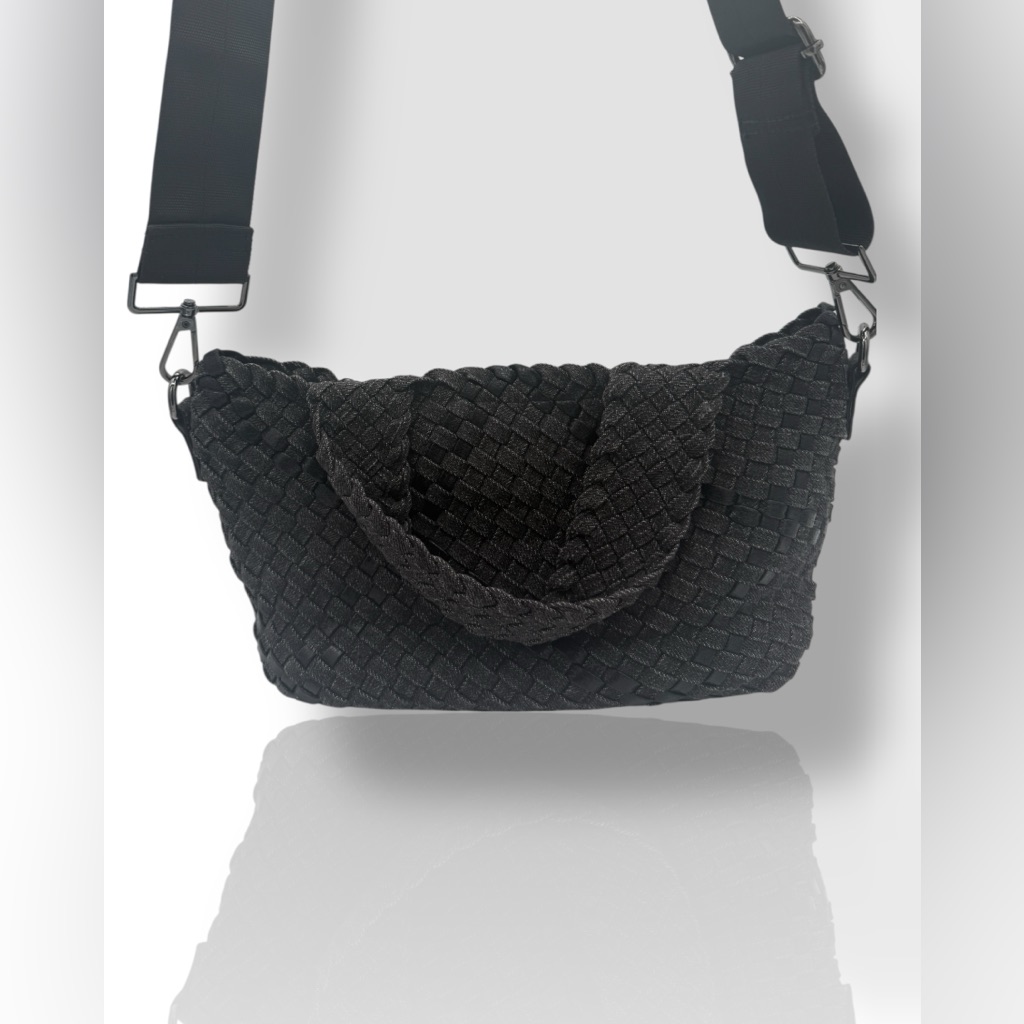 Haute Shore Woven Small Tote Purse Bag Crossbody Top Handle Geometric Black